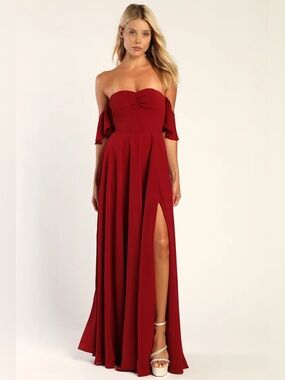 Lulus All the Elegance Wine Red Ruffled Off-the-Shoulder Maxi Dress Size M NWOT